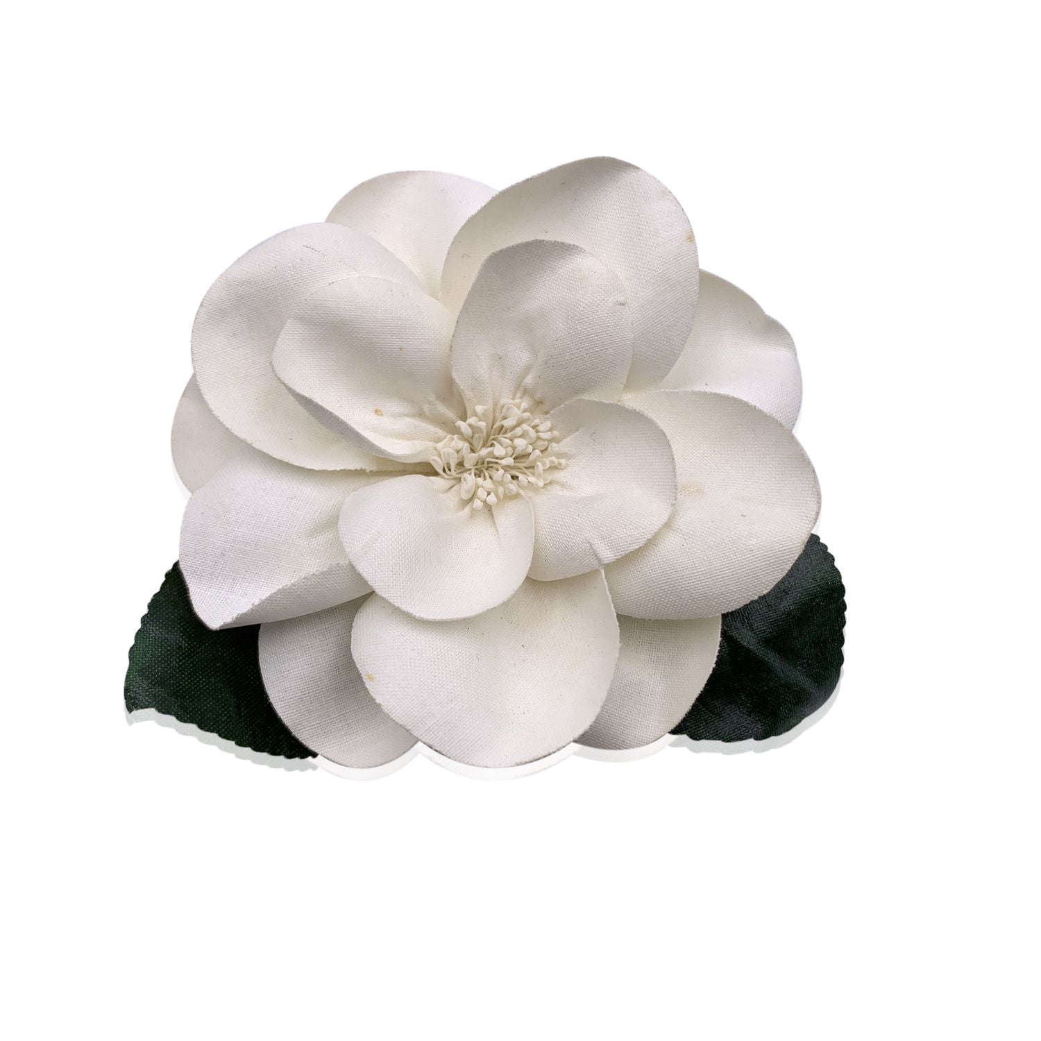 CHANEL Vintage Camelia Camellia White Flower Green Leaves Brooch