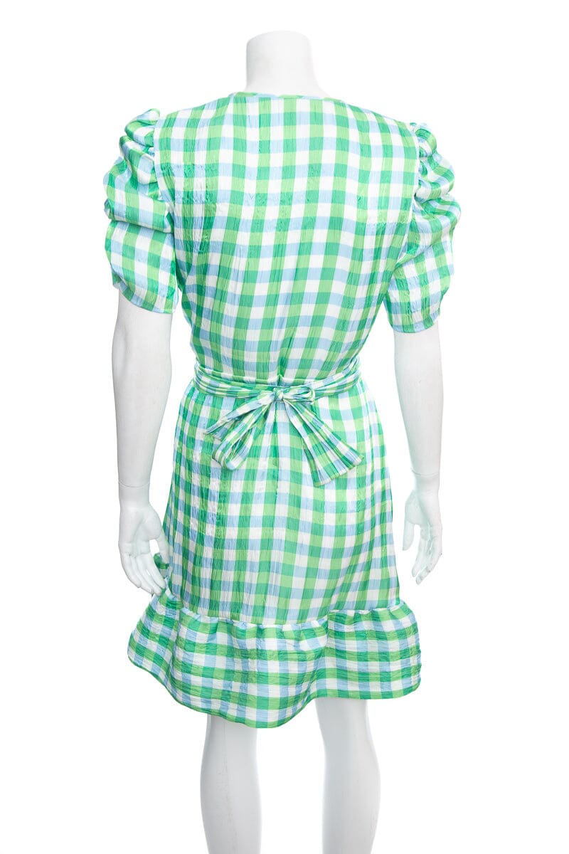 Tanya Taylor Blue & Green Shimmer Plaid Wrap Dress SZ 4