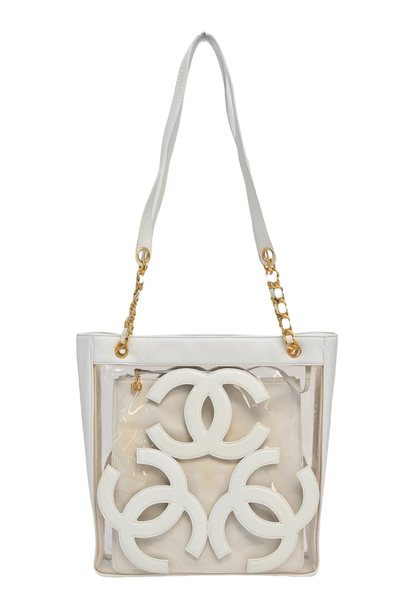 CHANEL White leather and clear PVC Triple CC tote