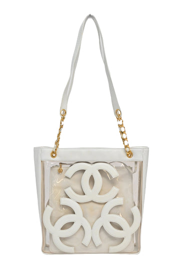 CHANEL White leather and clear PVC Triple CC tote