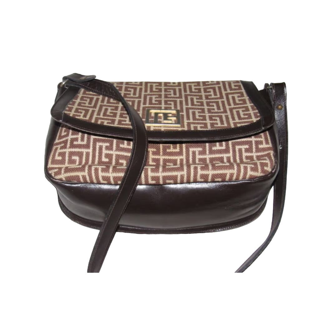 Vintage, Pierre Balmain, brown & white, geometric, "subway" print wool & brown leather, two-way shoulder bag with gold hardware