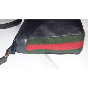 Gucci Vintage Black With Red Green Stripe Leather Hobo Bag