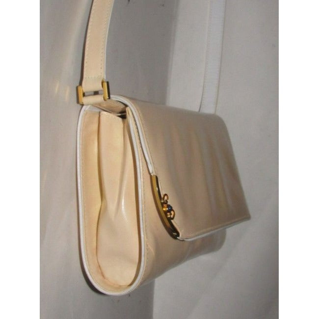 Gucci Clutch Sylvie Vintage Two Way Purse Gold Gg And Accent Buttery Soft Glossy Tan And White Leather