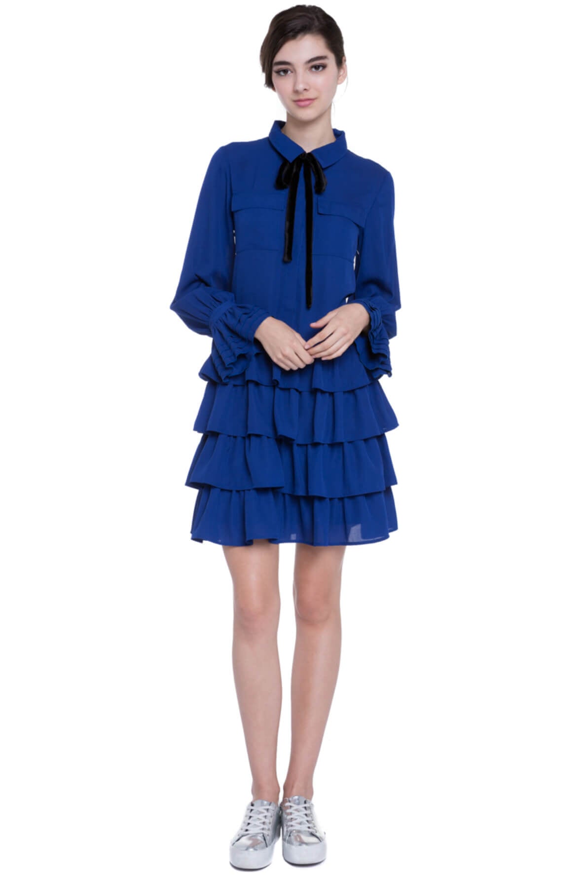 Tiered Ruffle Shirt Dress with Tie