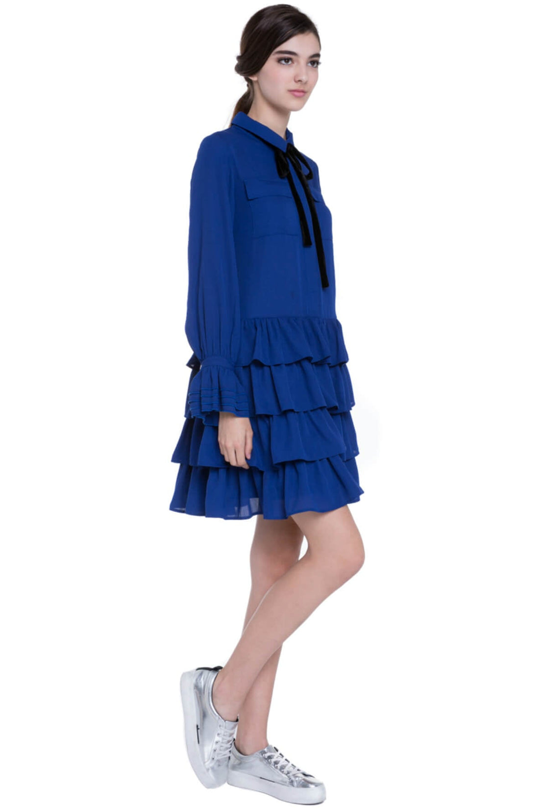 Tiered Ruffle Shirt Dress with Tie