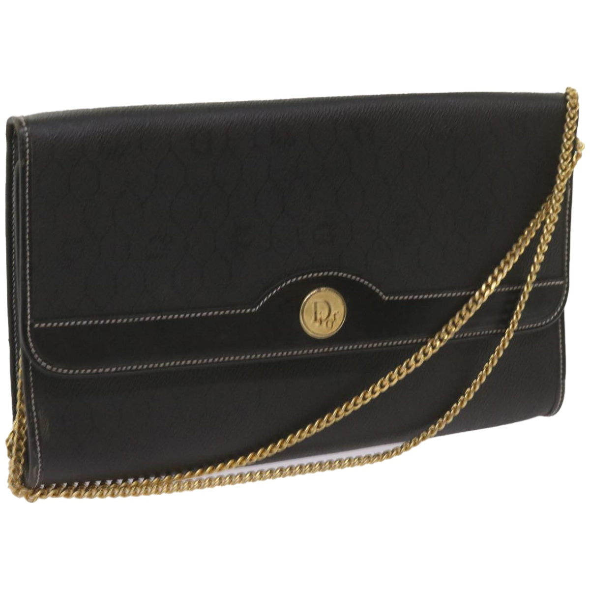 CHRISTIAN DIOR Honeycomb Canvas Chain Shoulder Bag PVC Leather Black Auth ep3566