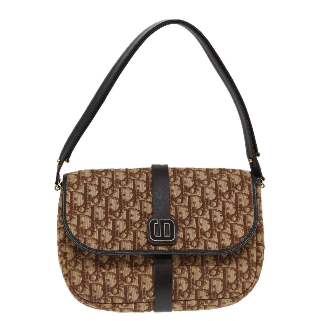 CHRISTIAN DIOR Trotter Canvas Shoulder Bag Gold Brown Auth ep5327