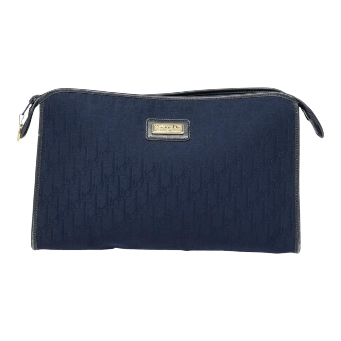 CHRISTIAN DIOR Trotter Canvas Clutch Bag Navy Gold Auth ep5448