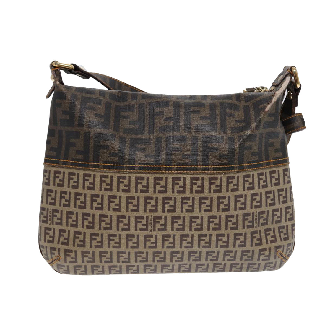 FENDI Zucca Canvas Shoulder Bag Brown Black gold Auth ep5455