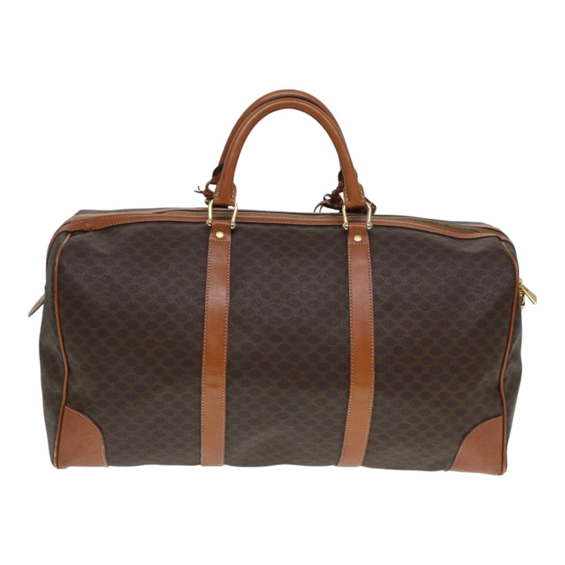 CELINE Macadam Canvas Boston Bag PVC Leather Brown Gold Auth ep5535