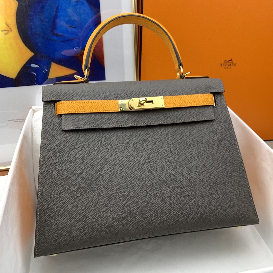 HM Kelly 28 Sellier Epsom Dark Grey/Yellow Bag For Womtlm, Handbags, Shoulder Bags 11in/28cm