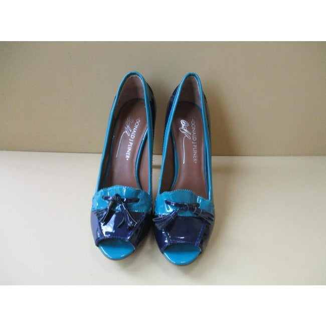 Donald J Pliner Navy Teal Patent Tassel Bow Peep Toe Pumps Size Us