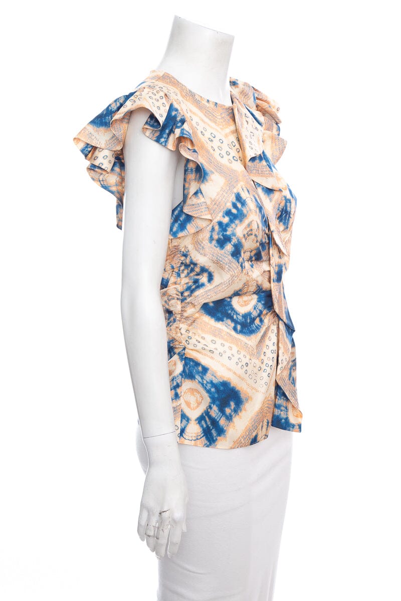 Ulla Johnson Beige & Blue Silk Ruffle Printed Blouse SZ 4
