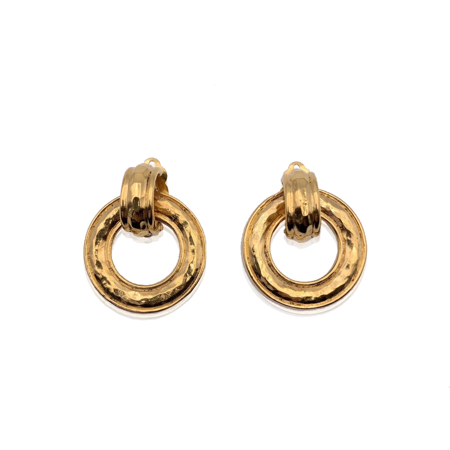 CHANEL Vintage Gold Metal Hoop Door Knocker Clip On Earrings