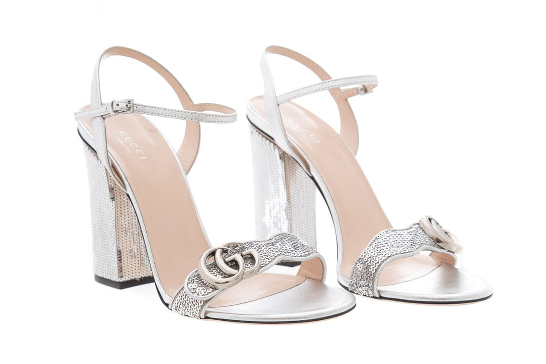Gucci Silver Sequin Marmont Open Toe Heels SZ 40