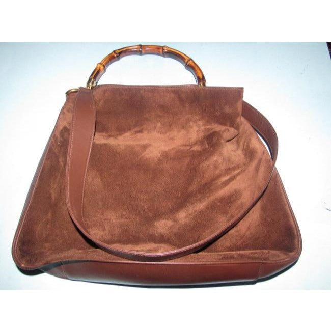 Gucci W Suede Leather Sarah Flip Top Two Way Handle And Removable Strap Bamboo Hobo