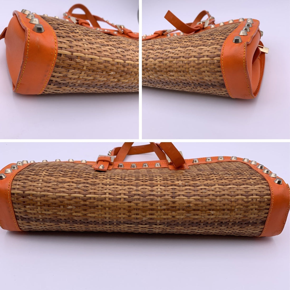 FENDI Wicker And Orange Leather Studded Tote Handbag Satchel