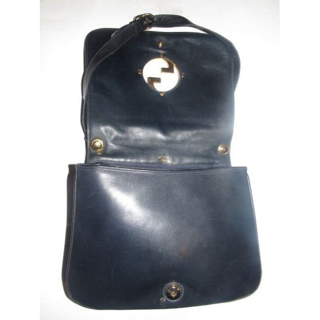 Vintage Gucci midnight blue leather 'Blondie' saddle style, shoulder bag with large, gold 'GG' emblem & multiple compartments
