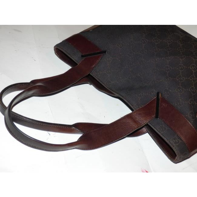 Gucci Black Denim With Brown Large G Logo Print And Brown Leather Tote