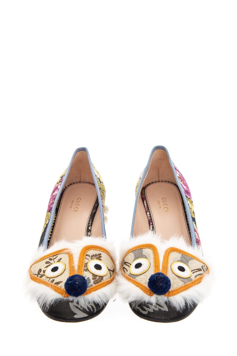 Gucci Black Multi Color Floral Kimberly Jacquard Heel SZ 38