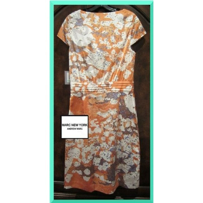 Andrew Marc Tangerine Taupe White Blue New York Multi Color Abstract Cowl Neck Sheath Short Dress