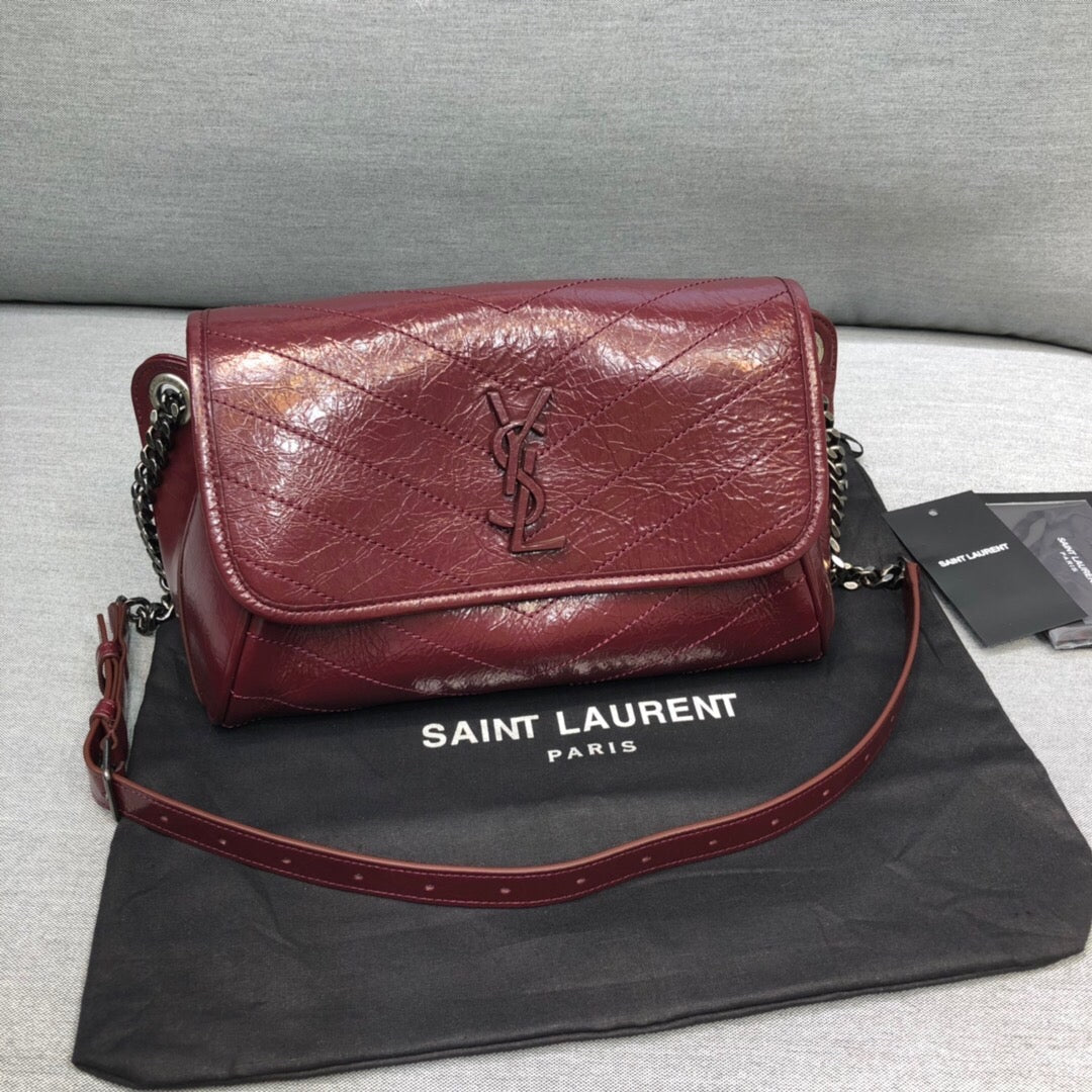 YSSL Niki Medium Crinkled Shoulder Bag Burgundy For Womtlm 11in/28cm YSL