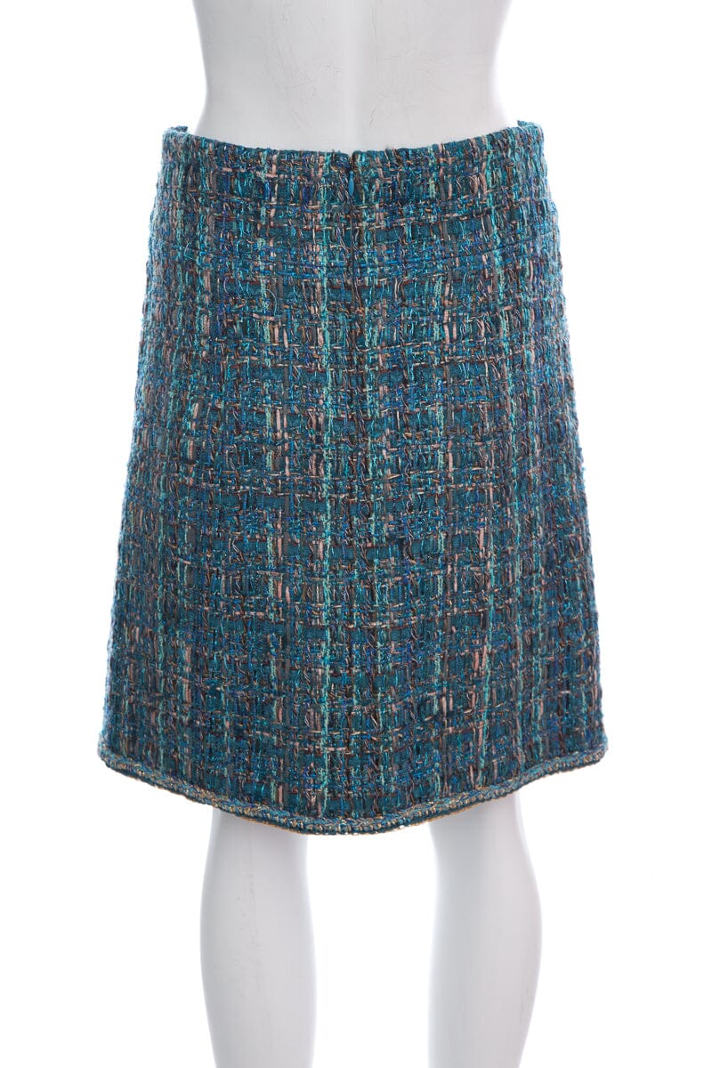 Chanel Teal Tweed Metallic Knee Length Skirt SZ 36 NWT