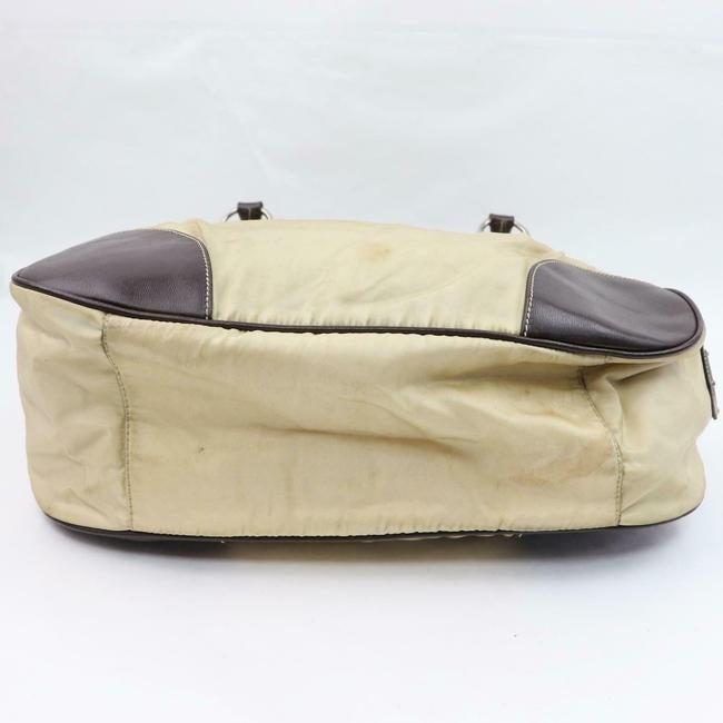 Prada Xl Hobo Style Shoulder Purse Champagne Nylon And Brown Leather With Chrome Hardware Satchel