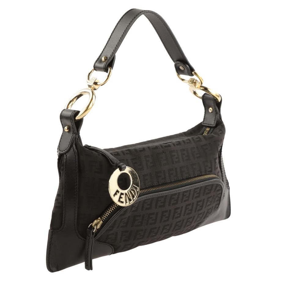 Fendi Zucchino Front Pocket Black Canvas Shoulder Bag