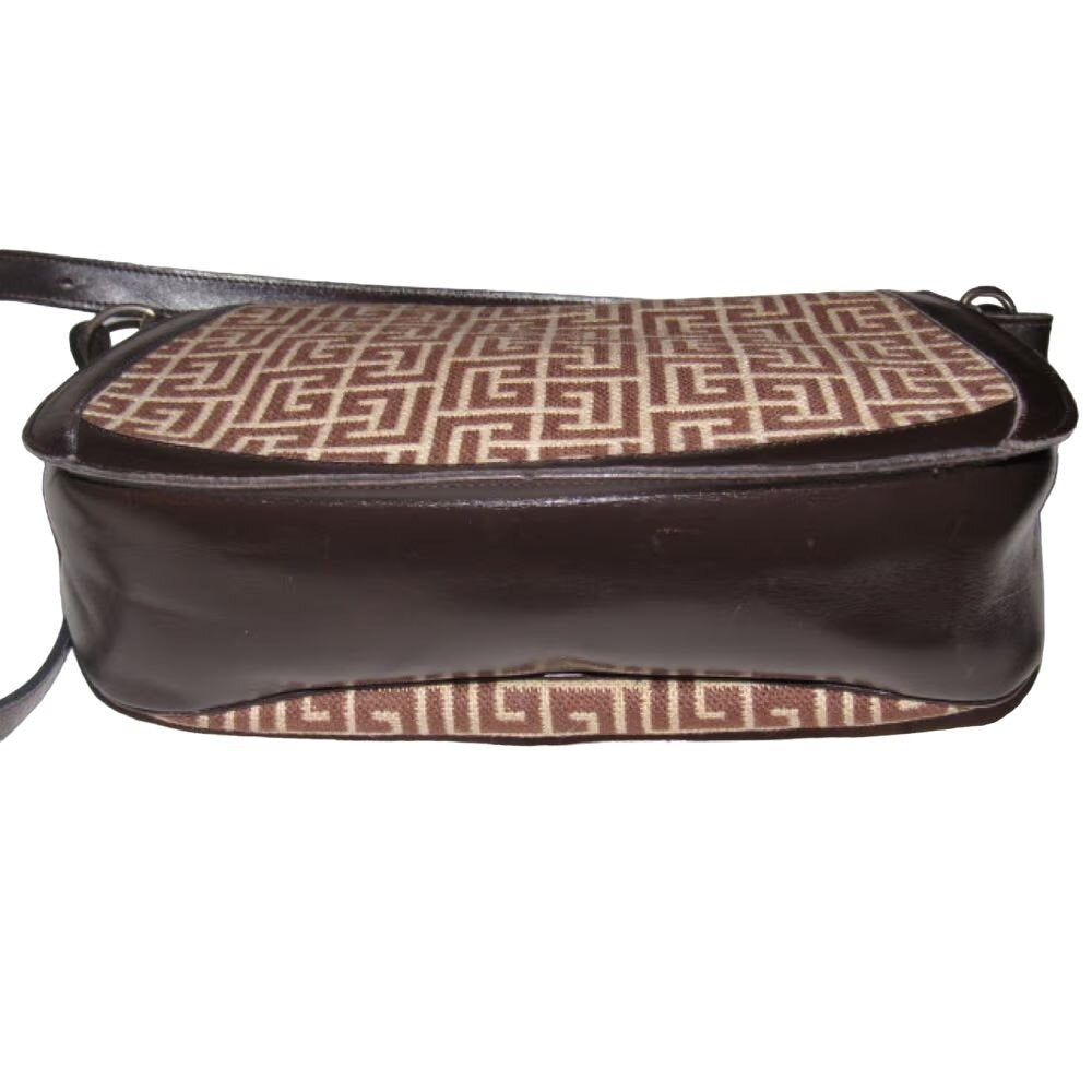Vintage, Pierre Balmain, brown & white, geometric, "subway" print wool & brown leather, two-way shoulder bag with gold hardware