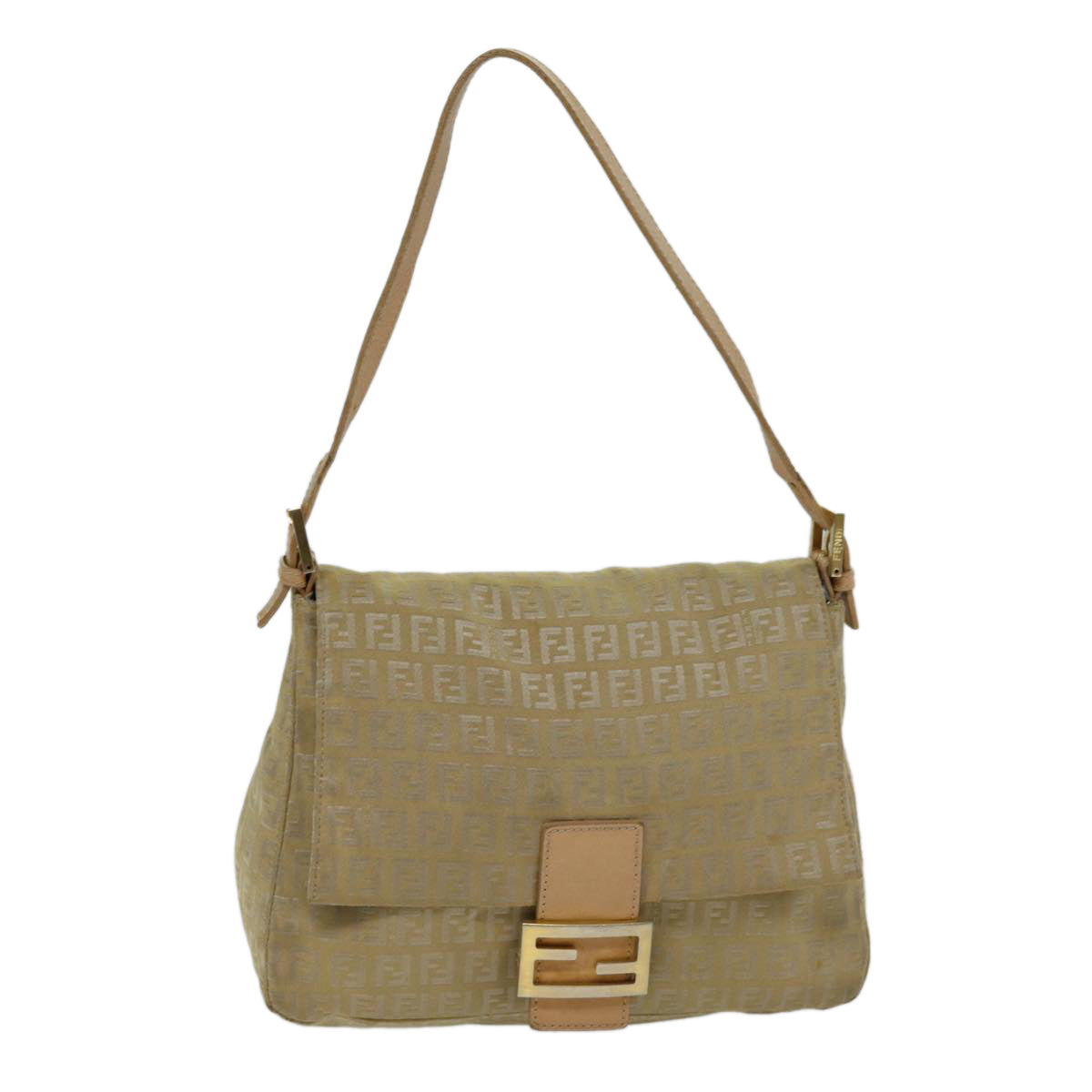 FENDI Zucchino Canvas Mamma Baguette Shoulder Bag Beige Auth fm3459