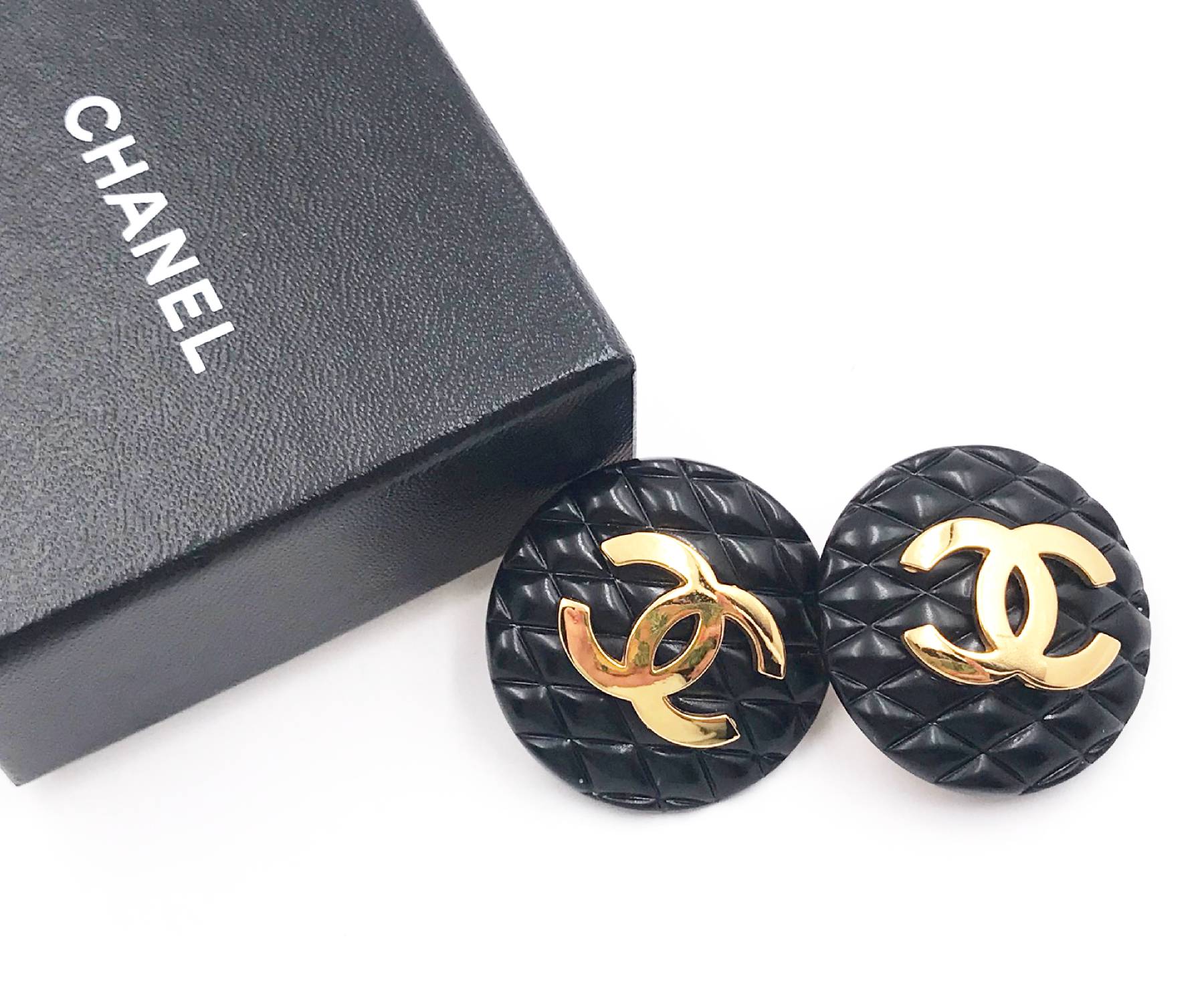 CHANEL Rare Classic Black Quilted Gold CC Large Clip on Earrings