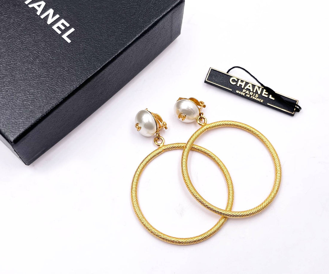 CHANEL Vintage Rare Gold Plated CC Pearl Large Hoop Dangle Clip on Earrings