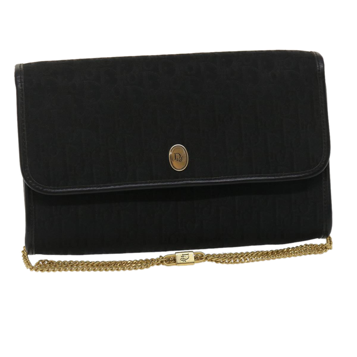 CHRISTIAN DIOR Trotter Canvas Chain Shoulder Bag Black Auth am2539g