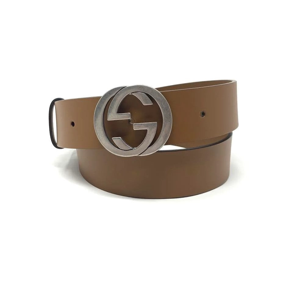 Gucci Cuir Brown Leather Interlocking GG Buckle 85/34 Belt 546386