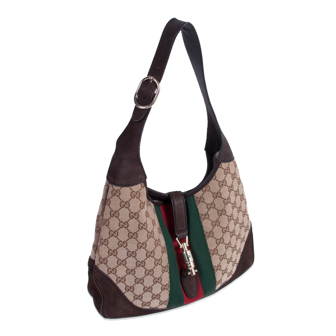 Gucci Jackie Web Stripe Canvas Suede Shoulder Bag