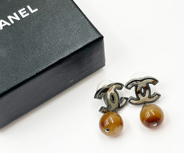CHANEL Silver CC Petrified Wood CC Dangle Piercing Earrings