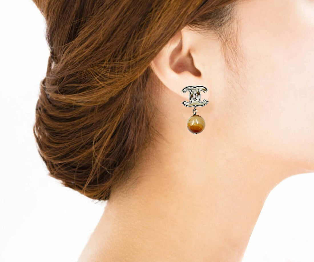CHANEL Silver CC Petrified Wood CC Dangle Piercing Earrings