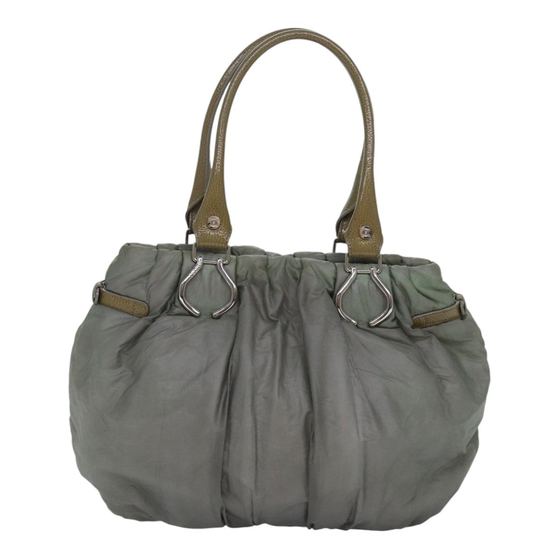 CELINE Tote Bag Nylon Leather Khaki Silver Auth hk1623