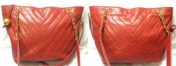 Chanel Vintage red caviarskin v stitch, chevron style chain shoulder Tote Bag with golden CC ball charm