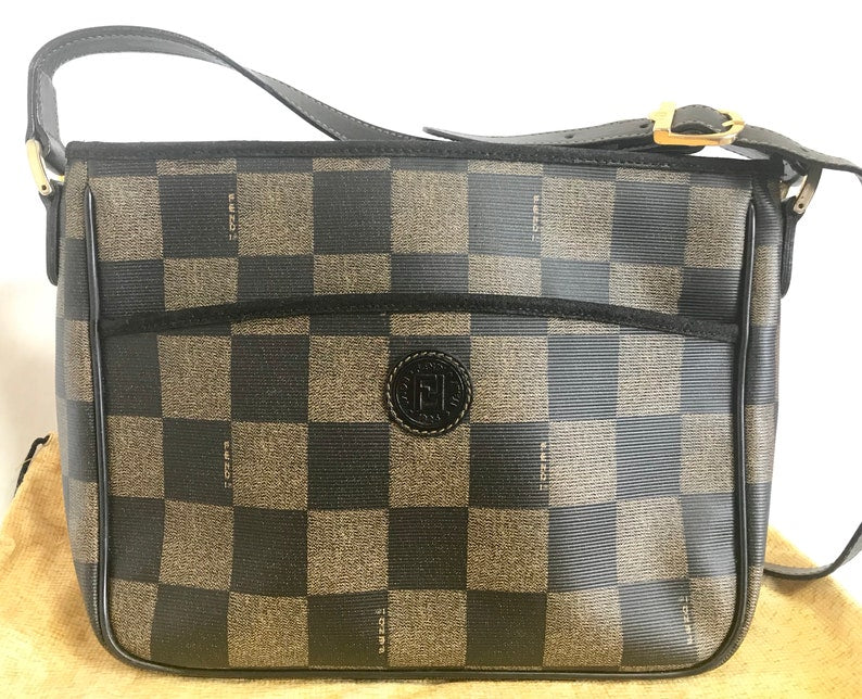 FENDI Vintage pecan chess pattern shoulder bag with FF logo motif