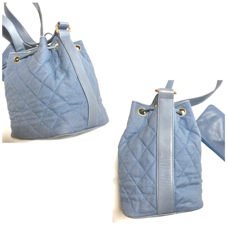 Chanel Vintage blue quilted canvas and leather combo hobo bucket shoulder Bag with drawstrings and golden CC mark balls
