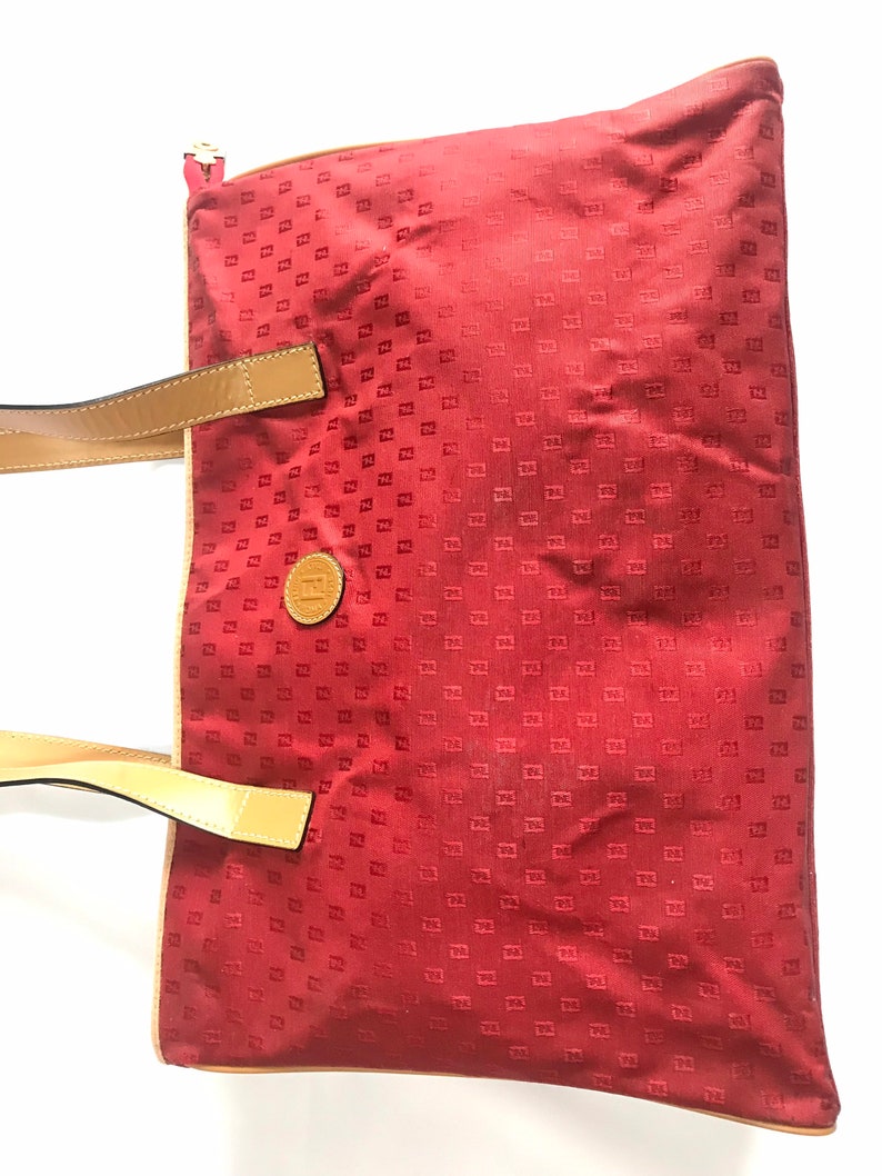 FENDI Vintage red logo jacquard fabric large shopper tote bag with brown leather handles