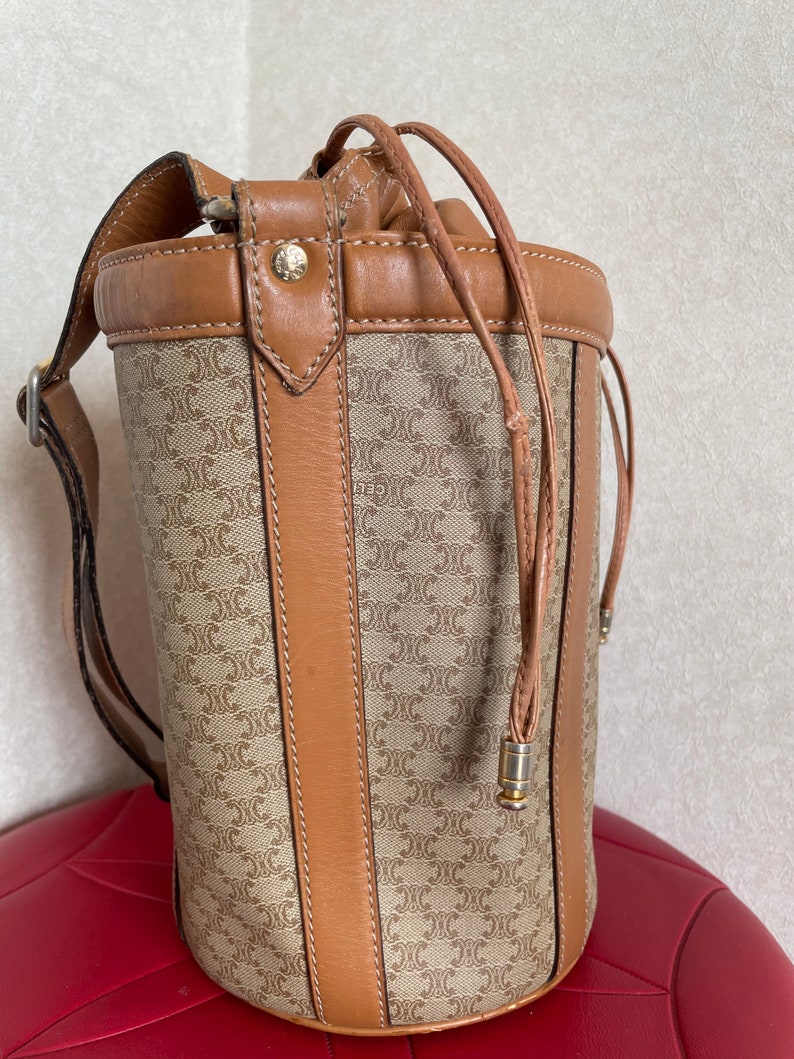 Celine Vintage round box shape hobo bucket shoulder purse in classic brown macadam blaison pattern with leather strap