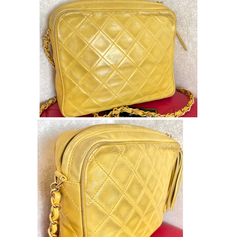 Chanel Vintage yellow lambskin camera type chain shoulder Bag with collar flap design