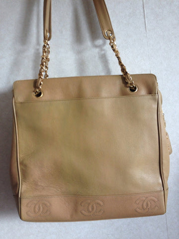 Chanel Vintage brown beige caviar leather chain Tote Bag, shoulder purse with CC stitch marks