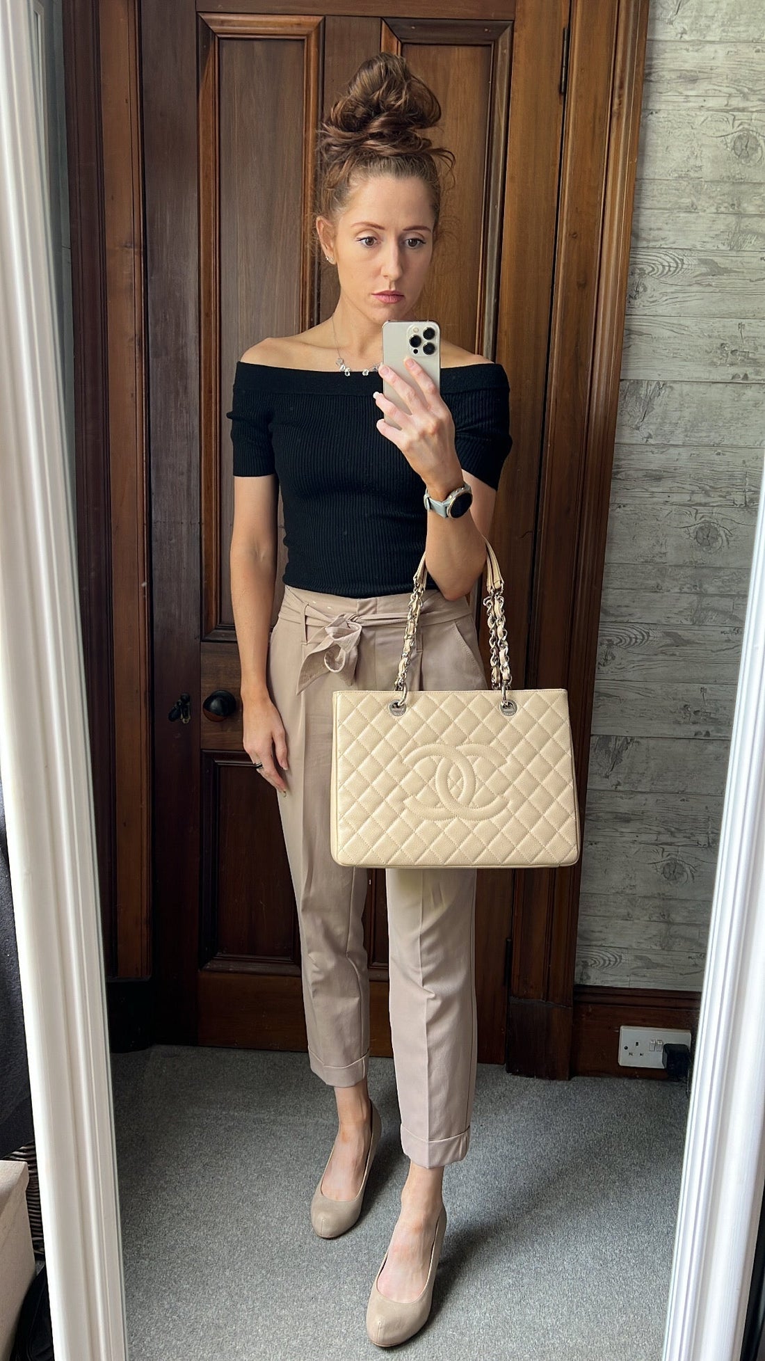 Chanel Light Beige Caviar Grand Shopper Tote with gold hardware (GST)