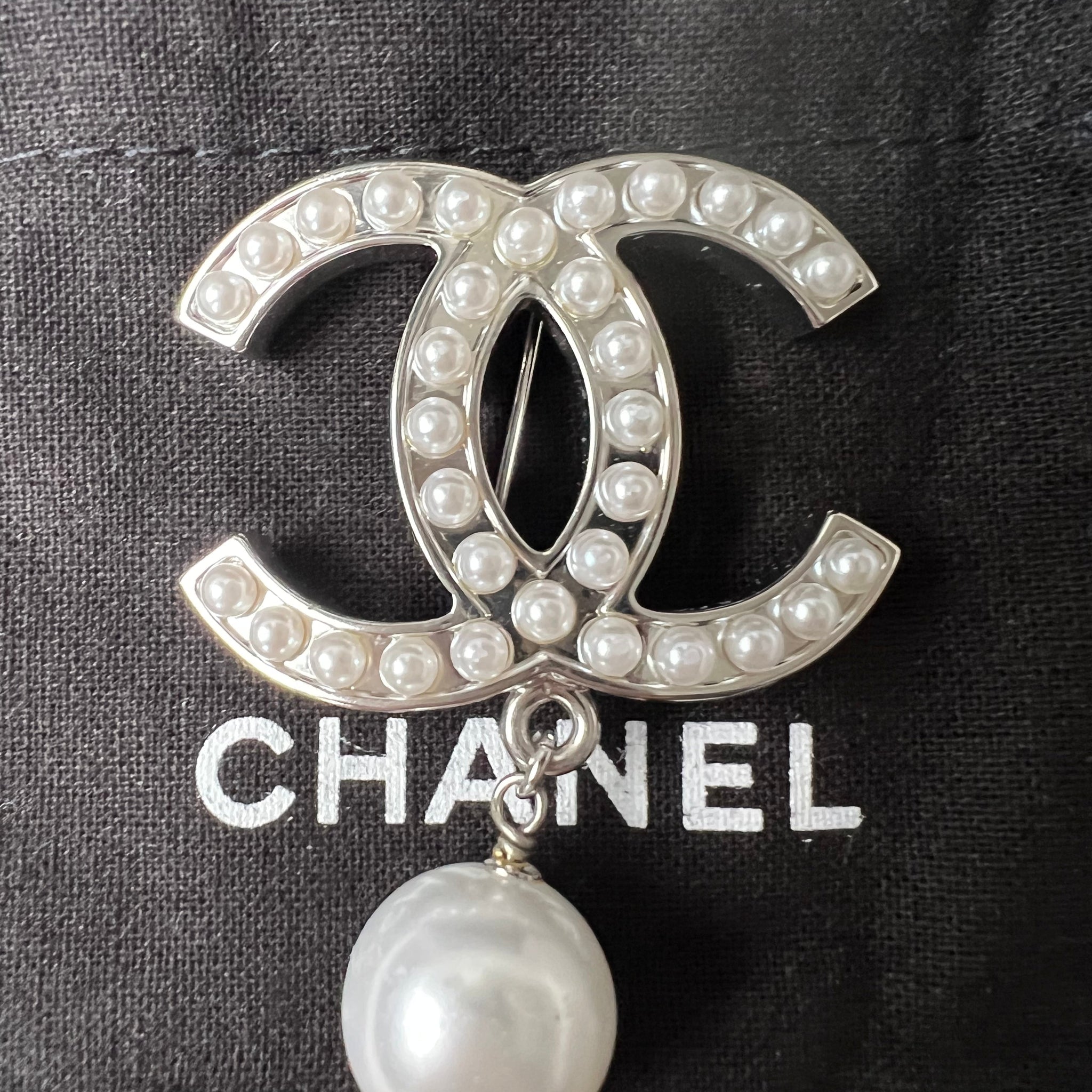 Chanel Pearl Studded CC Brooch with Drop Pearl