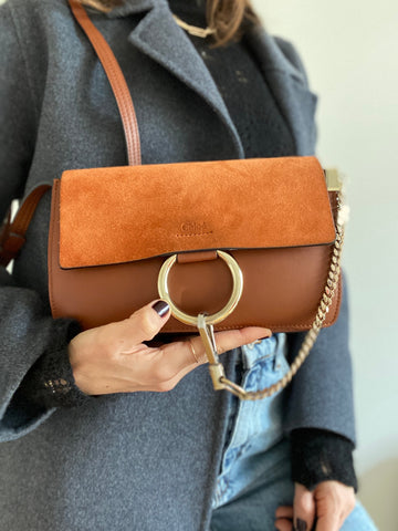 Chloé Faye small leather and suede shoulder bag in Tan