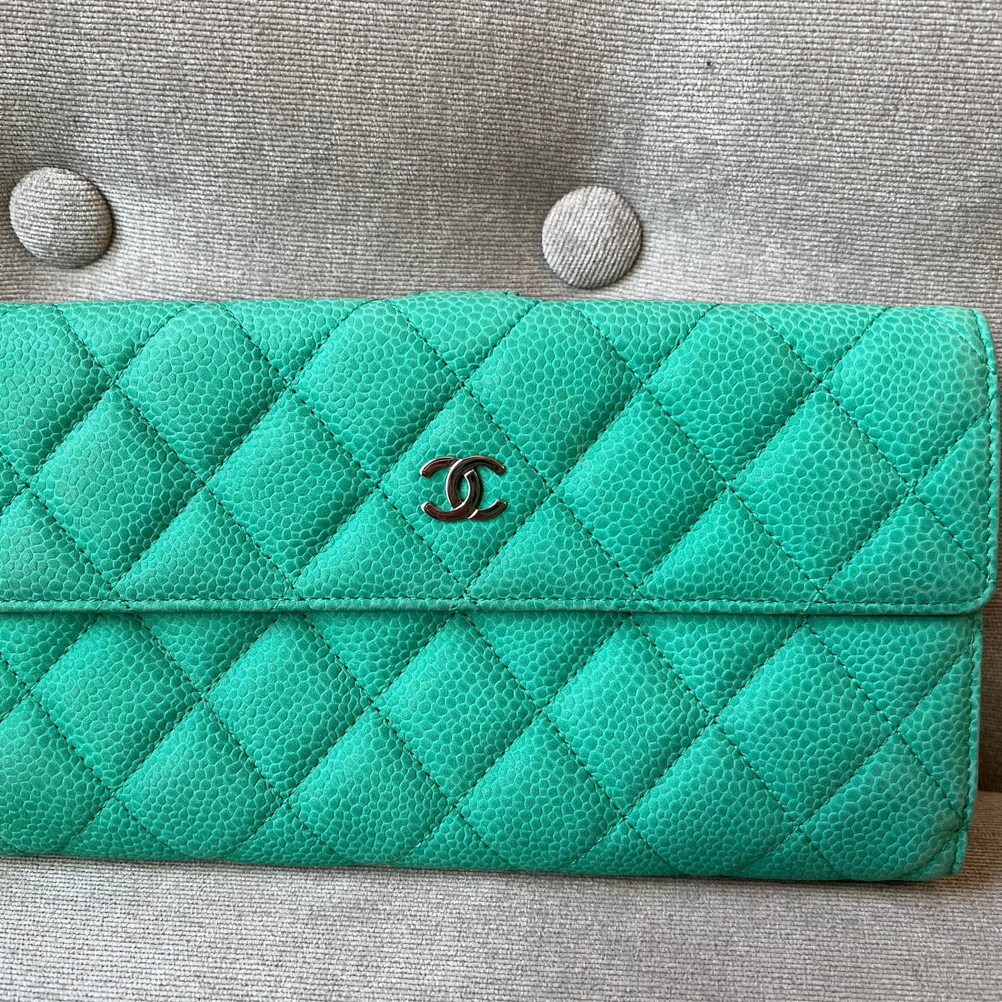 Chanel Green Suede Caviar Flap Wallet